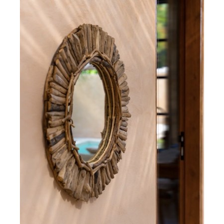 Grand miroir ethnique rond en bois flotté 60cm