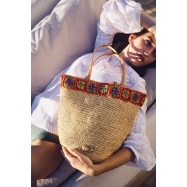 Sac seau raphia naturel et ruban flower power