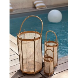 Lanterne photophore bambou naturel et toile à beurre