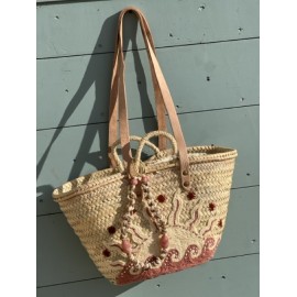 Panier osier brodé fil de laine Vagues rose MARADJI