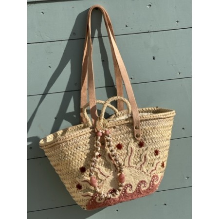 Panier osier brodé fil de laine Vagues rose MARADJI