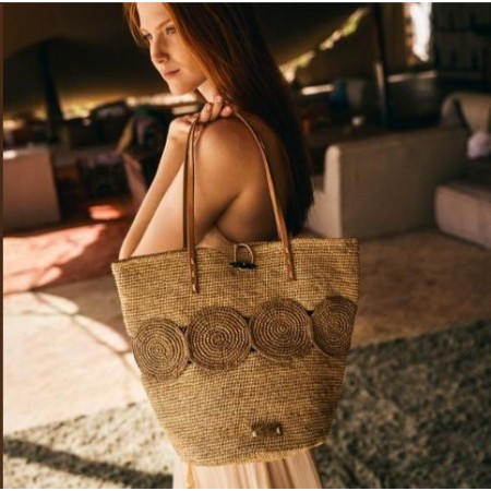 Panier d'été raphia crocheté porté épaule anses cuir