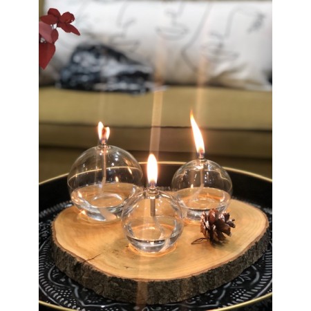 Trio de lampes à huile Sphère verre +1L huile