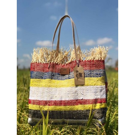 Sac cabas raphia tressé frangé multicolore 