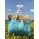 Sac cabas raphia tressé frangé turquoise 