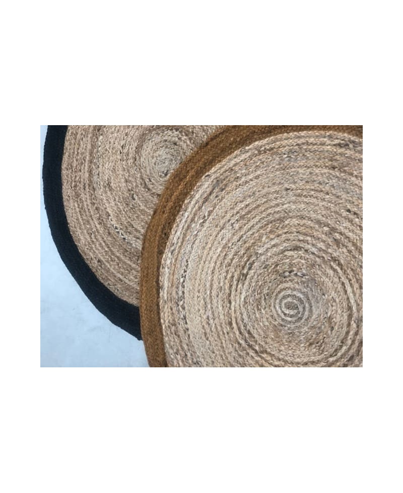 Tapis rond en jute noir style floral borduré