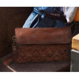 Sac porté travers cuir macramé Cognac