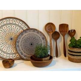 Grand Plateau rond motif feuillage beige
