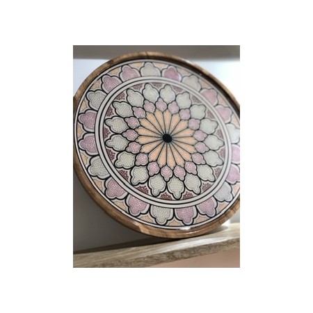 Grand Plateau rond motif feuillage beige