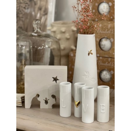 Lot de 4 soliflores porcelaine blanche imprimés