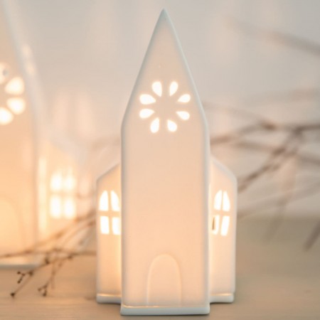 Eglise photophore en porcelaine blanche