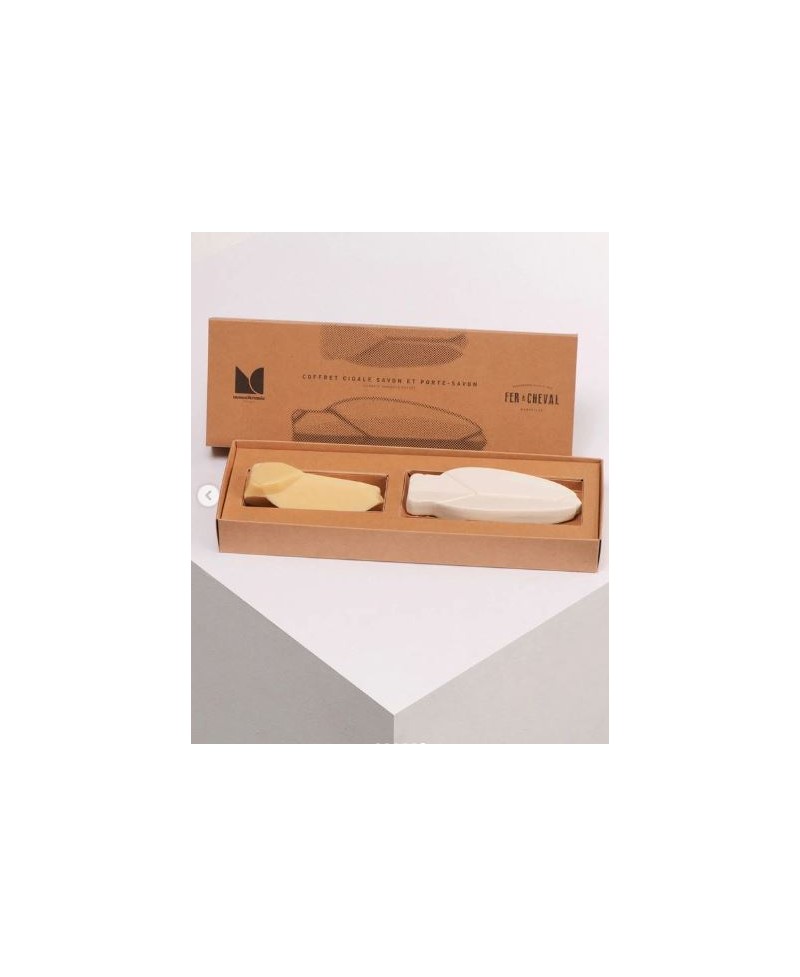 Coffret Savon Cigale Le Fer à Cheval et porte savon blanc Monochromic