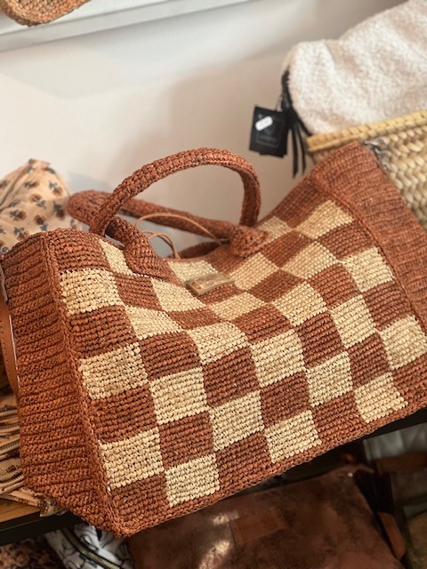 Sac Cabas raphia tresse a Damiers boheme L atelier du Crochet