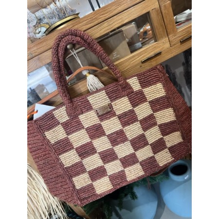 Sac Cabas raphia Damiers